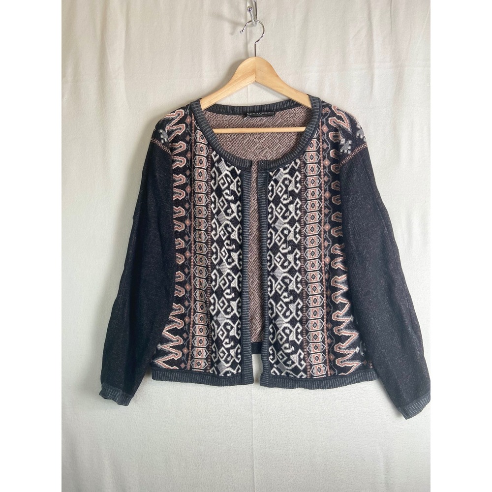 Peruvian Connection Pima Cotton Geometric Jacquard Open Front Cardigan Medium